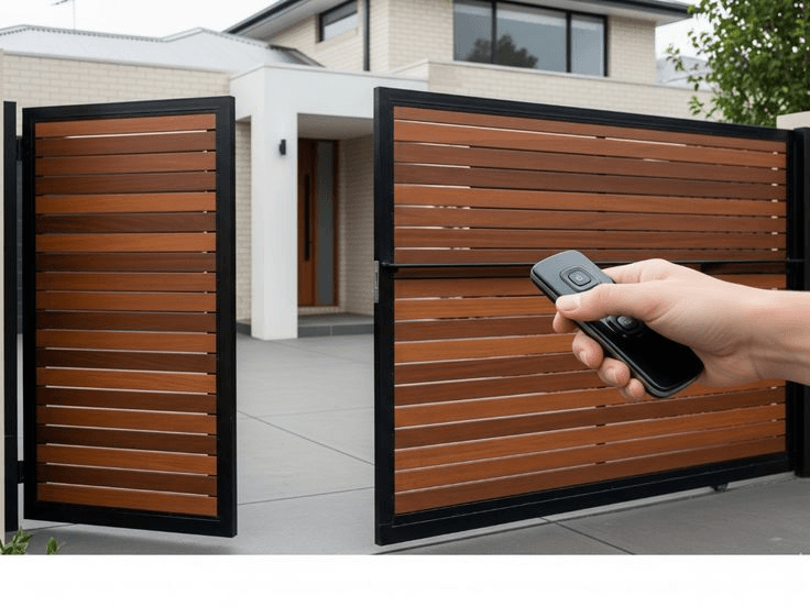 Hand operating a remote control to open a wooden swing driveway gate