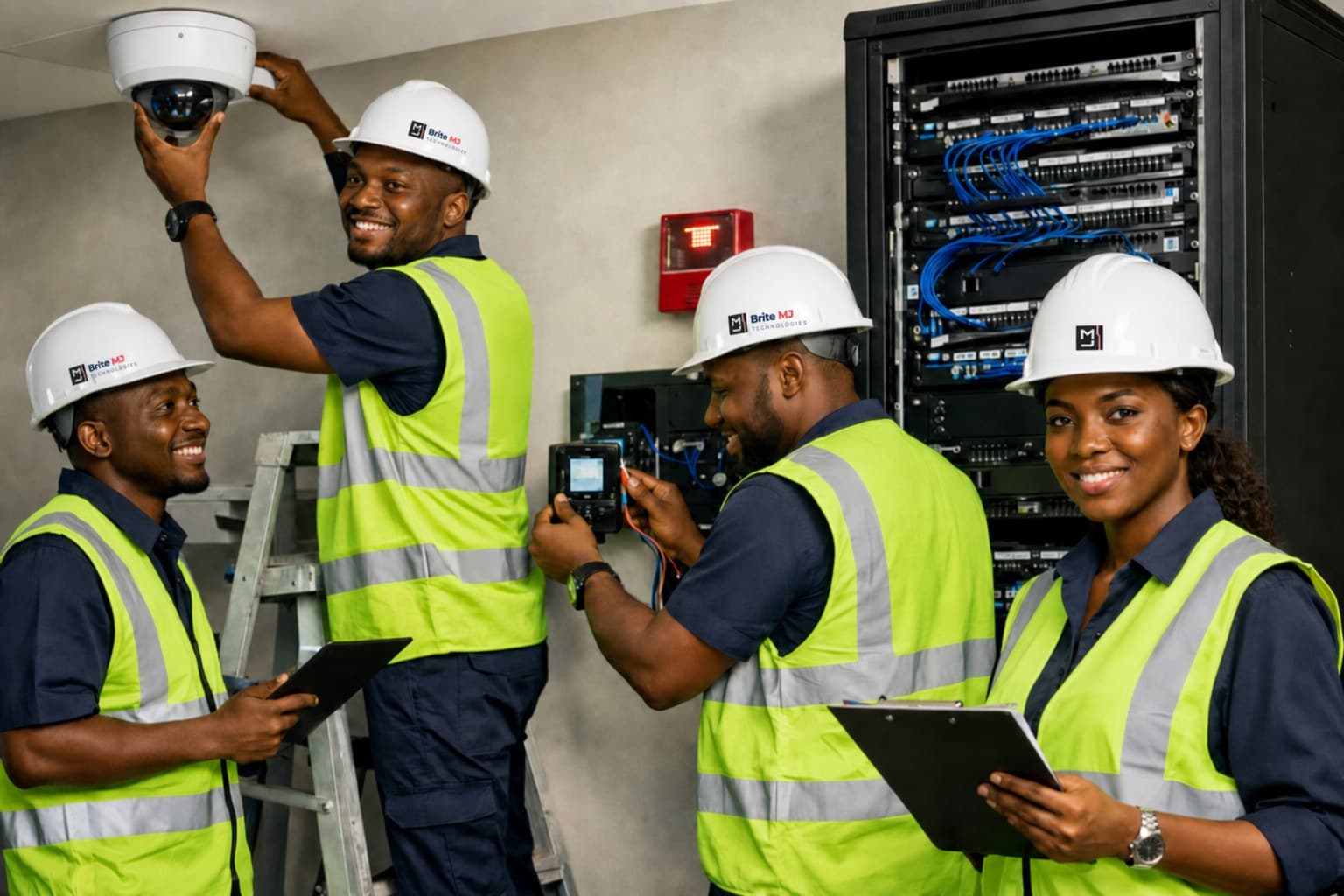 Brite MJ Technologies technicians installing security systems on site in Accra