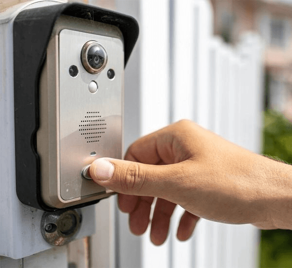 Visitor pressing the call button on an outdoor video intercom at a gate