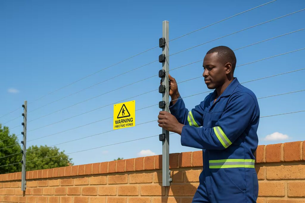 Technician installing electric fencing on a perimeter wall